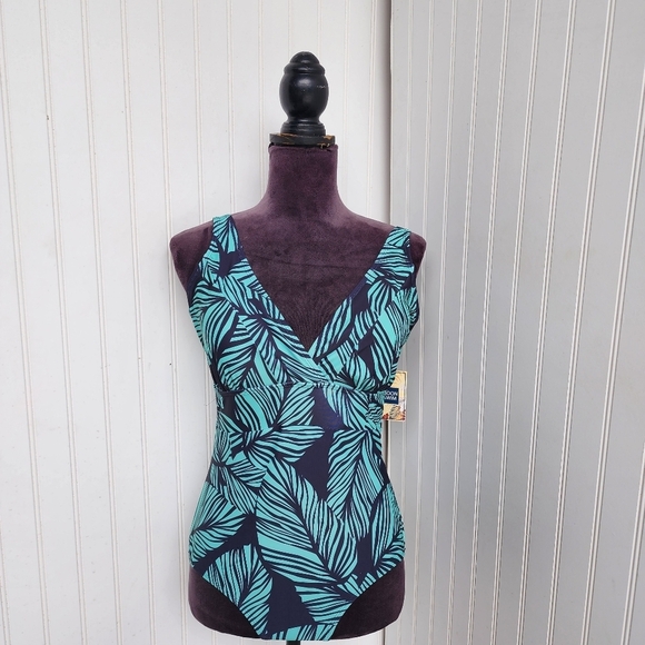 $60 NWT NOON SWIM Women's Halter 1 Piece Swimming Suit Green Leaf V- NECK Sz 18 - Picture 1 of 13